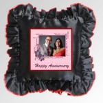 Black Square Cushion With Personalized Photo and Red Lace Border